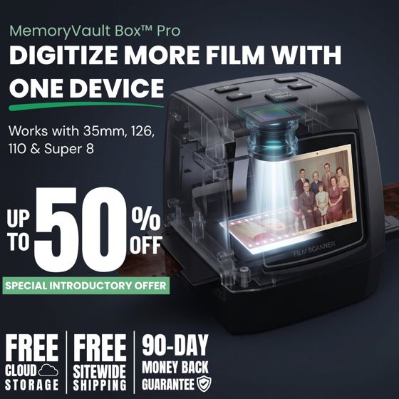 Static ad for MemoryVault (consumer electronics, film scanner)