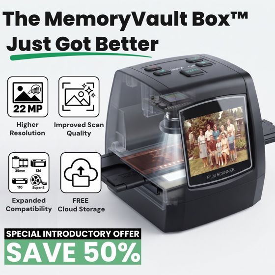 Static ad for MemoryVault (consumer electronics, film scanner)