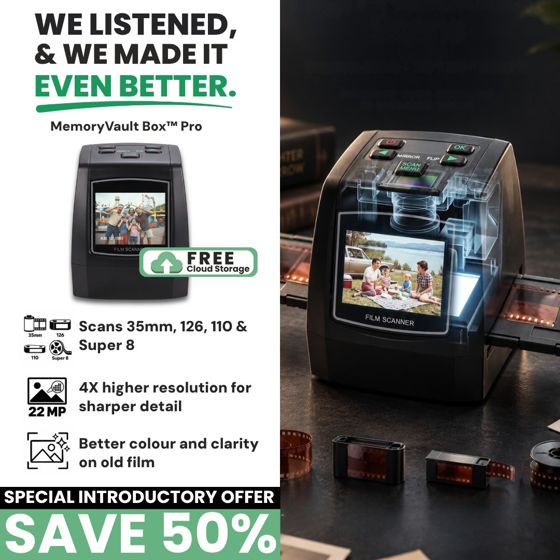 Static ad for MemoryVault (consumer electronics, film scanner)